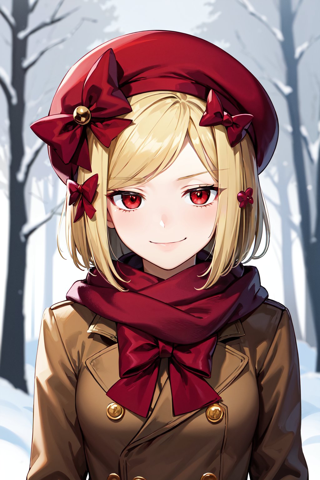 masterpiece, best quality, highres, aalamb, short hair, hair bow, red bow, beret, pink headwear, red eyes, <lora:lambdadelta_v1:0.7>, winter clothes, scarf, snow, coat, upper body, smirk, forest