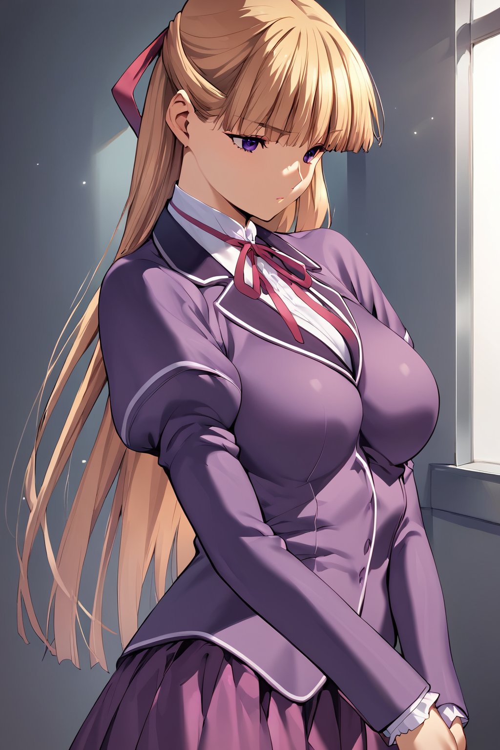 score_9, score_8_up, score_7_up, score_6_up, score_5_up, score_4_up, source_anim, high detailed,very aesthetic,cowboy shot,kanzaki asuka, 1girl, solo, school uniform, purple blazer, purple skirt, half updo, hair ribbon, purple eyes, blonde hair, long hair, large breasts, blunt bangs, (masterpiece, high-quality, breathtaking, highres, ultra detailed), (expressive eyes, perfect face),<lora:kanzaki asuka auti:0.8>