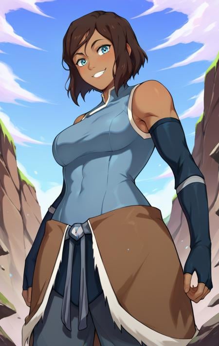 score_9, score_8_up, score_7_up, score_9,  BREAK   <lora:korraSDXL:1> korraSDXL, 1girl, solo, short hair, blue eyes, brown hair, bare shoulders, medium breasts, standing, sleeveless, elbow gloves,  fingerless gloves, dark skin, dark-skinned female, smile, from below, rocks background