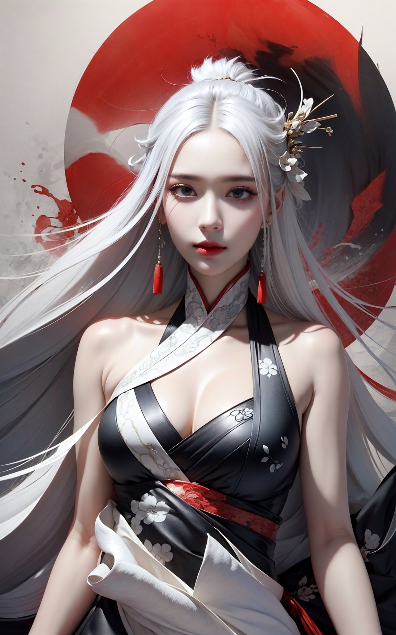 Ink painting, ink painting, splash-ink, ink splash, calligraphy, Chinese characters, Chinese character background，(Red crowned crane:1.2)，1girl，White hair, Hanfu,upper body，A shot with tension，(sky glows red,Visual impact,giving the poster a dynamic and visually striking appearance:1.2),Chinese Zen style,impactful picture,<lora:绪儿-鹤 Red crowned crane:0.8>