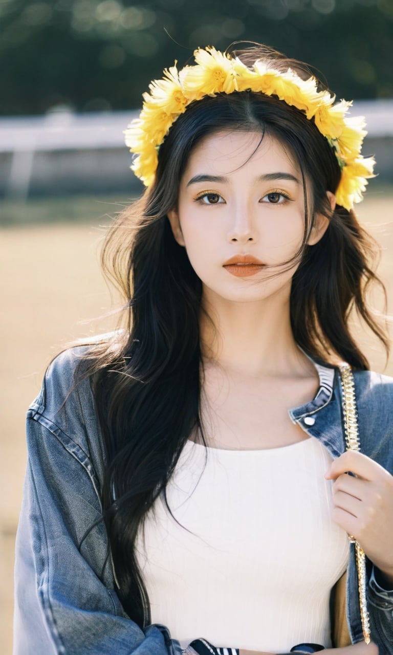 from side,1girl,solo,realistic,jacket,black hair,black headband,Unruly hair,Golden straw,cloud,lens_flare,Natural light,portrait,Grey Film filter,(KODAK Ektar 100:1.2),