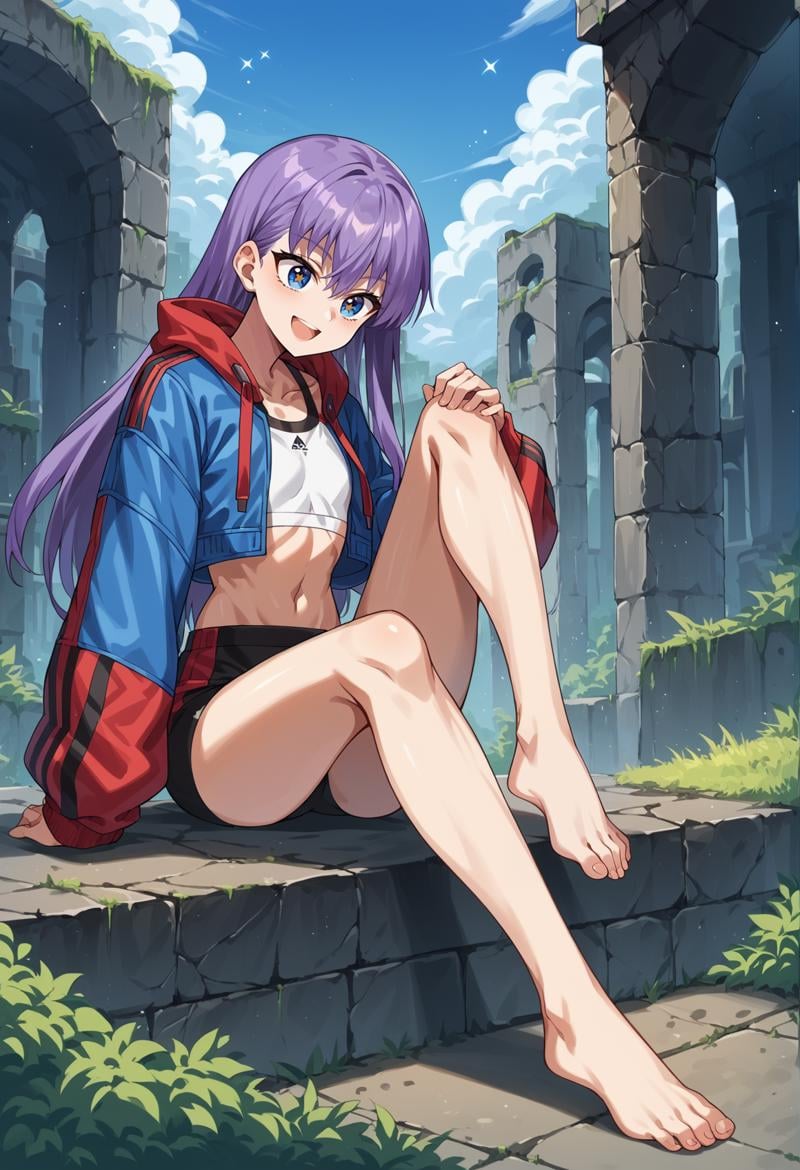 1girl, long hair, purple hair, blue eyes, flat chest, ribbon, multicolored jacket, red jacket, blue jacket, cropped jacket, sports bra, long sleeves, leggins, outdoors, ruins, full body, sitting, barefoot, leg up, holding own leg, smile, looking down, open mouth starry eyes  <lora:Meltryllis_XL:0.8>, score_9, score_8_up, score_7_up, score_6_up, score_5_up, score_4_up, BREAK source_anime, masterpiece