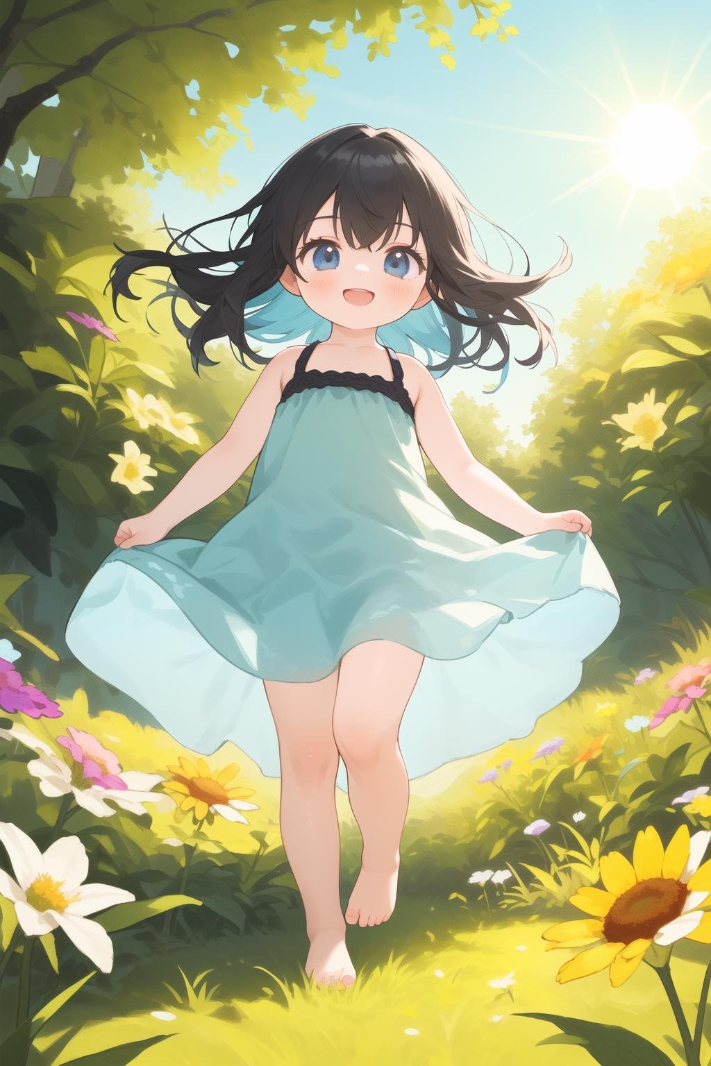 ((best quality)),((masterpiece)),(detailed),(young girl:1.2),(innocent and playful),(sunlit meadow),(colorful wildflowers),(flowing dress),(sun-kissed hair),(barefoot freedom),(radiant smile:1.1),(nature's beauty),(childhood joy),(vibrant surroundings),(high-resolution:1.1)