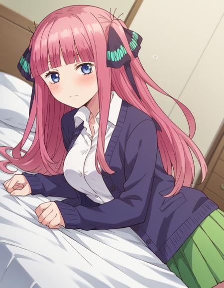 score_9, score_8_up, score_7_up, source_anime,ninonakano, <lora:nino-nakano-s1-ponyxl-lora-nochekaiser:1>,nino nakano, long hair, bangs, blue eyes, hair ornament, hair ribbon, pink hair, blunt bangs, two side up, butterfly hair ornament, mature female,skirt, shirt, long sleeves, white shirt, pleated skirt, open clothes, collared shirt, sleeves past wrists, dress shirt, cardigan, green skirt, open cardigan, black cardigan,indoors, bed, bed room, on side, blush, drunk,looking at viewer, cowboy shot, dutch angle, solo,