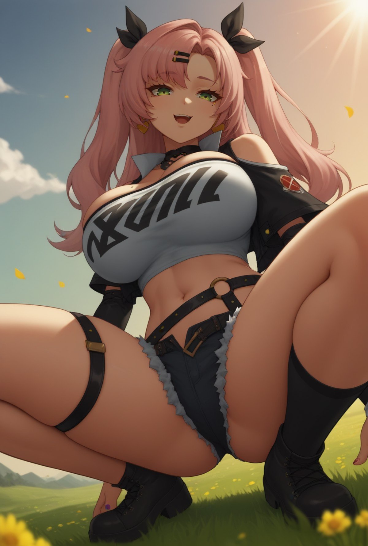 score_9, score_8_up, score_7_up, solo, looking at viewer, close-up,<lora:NcleaPdxlDwnsty:1>, Ncle, green eyes, pink hair, long hair, two side up, hair ribbon, hairclip, mole under eye, tube top, black jacket, heart choker, midriff, micro shorts, single thighhigh, shoulder cutout, long sleeves, earrings, jewelry, nail polish, huge breasts, skindentation, smile, dutch angle, open mouth, from below, squatting, spread legs, head tilt, sunlight, outdoors, field, flowers, grass, hill, cloudy sky, 