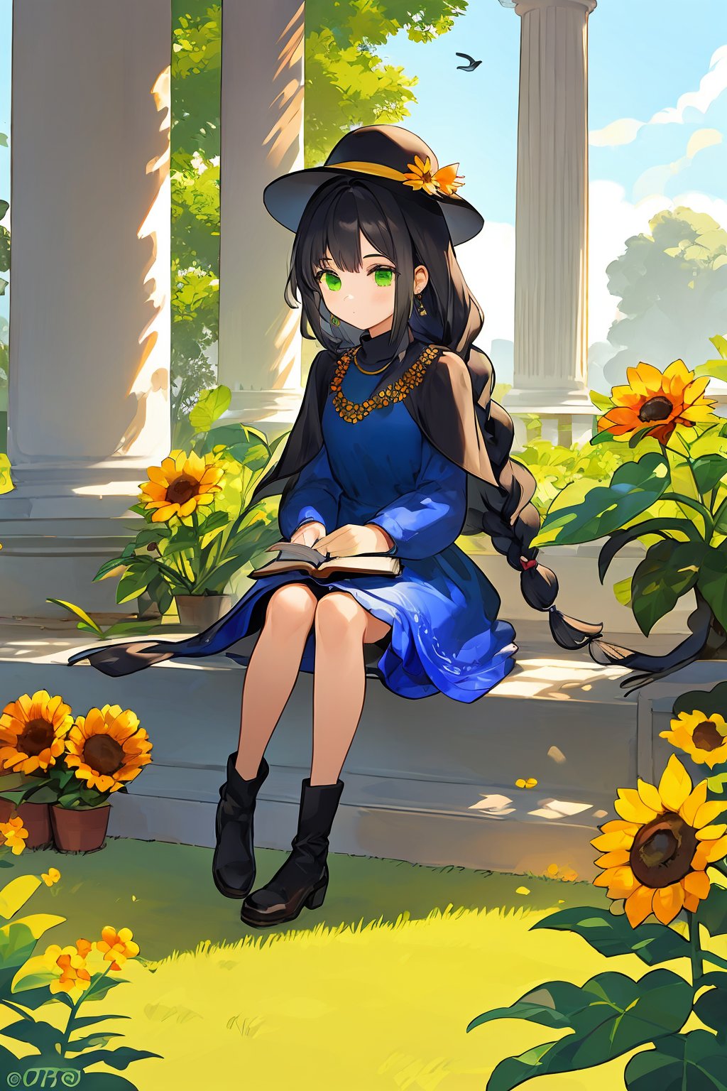 1girl, bird, flower, long hair, grapes, black hair, sitting, solo, green eyes, pillar, fruit, book, hair ornament, food, hat, plant, dress, jewelry, long sleeves, green dress, vase, braid, railing, column, very long hair, book stack, watermark, beads, full body, sunflower, yellow dress, tassel, leaf