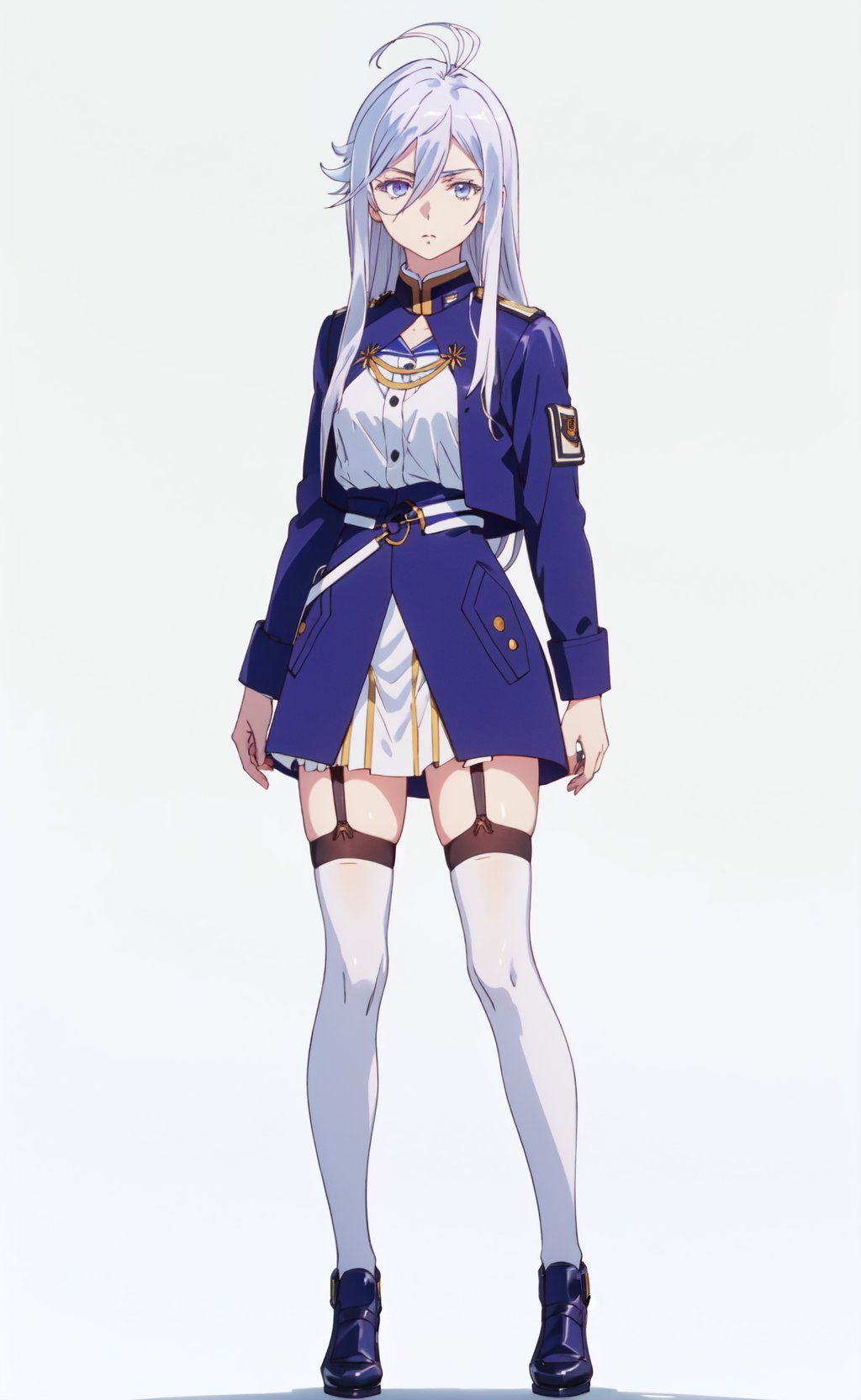 <lora:Milize-000014:0.8>,Milize CYQL,1girl,looking at viewer,solo,white hair,long hair,hair between eyes,antenna hair,blue eyes,military uniform,long sleeves,blue jacket,jacket,belt,skirt,garter straps,thighhighs,white thighhighs,zettai ryouiki,yellow background,simple background,posing,masterpiece,best quality,beautiful and aesthetic,