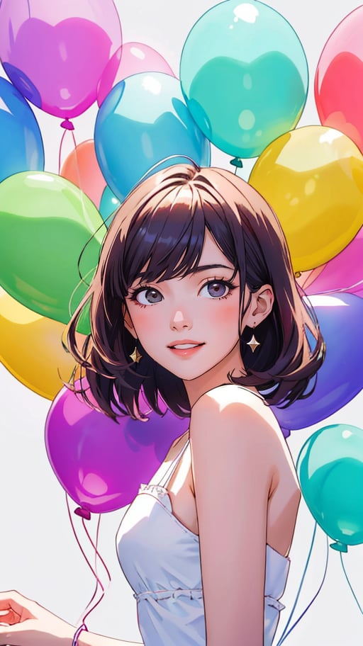 (best quality, masterpiece, highres:1.2), upperbody, (young cute girl), very slim, skinny, (ultra-detailed body), vibrant colors, small balloons,  bubbles, sweetness, joy, happiness, enchanting, (purple, red, green, yellow, tone), abstract, soft light passing through hair, (balloons background:1.3), (intricate details), (soft lighting, side lighting, reflected light), ,dim dawn light, dim colors