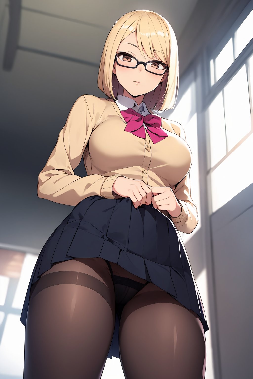 anime girl in glasses and a skirt with a folder in her hand, 1girl, solo, bob cut, looking at viewer, skirt, black hair, brown eyes, pantyhose, abdominal press,  school uniform, glasses, indoors, from below, pink-framed eyewear,  black panties, blonde hair, 