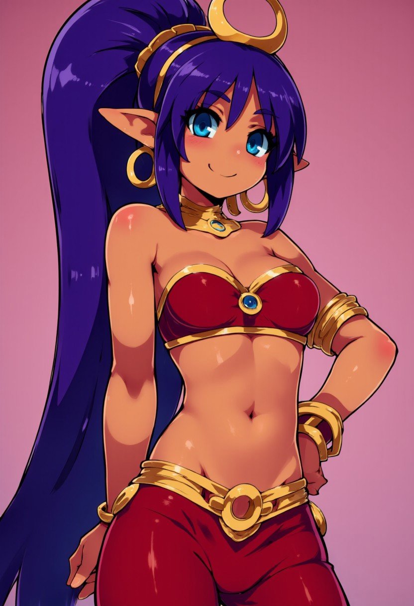 zzCitronCAT, 1girl, solo, long hair, breasts, looking at viewer, blush, smile, bangs, blue eyes, navel, cleavage, bare shoulders, jewelry, medium breasts, very long hair, closed mouth, standing, collarbone, ponytail, purple hair, cowboy shot, earrings, pointy ears, midriff, shiny, pants, hand up, (dark skin:0.7), stomach, see-through, hand on hip, strapless, tiara, high ponytail, o-ring, circlet, hoop earrings, red bandeau, vambraces, bracer, o-ring top, red pants, arabian clothes, harem pants, shantae