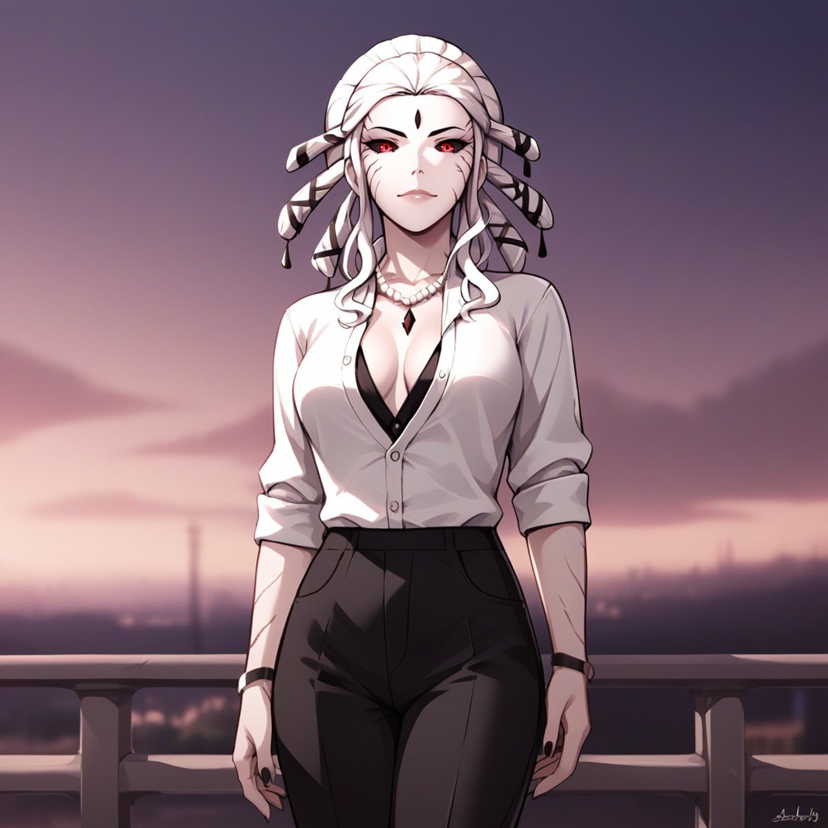 score_9,score_8_up,score_7_up,score_6_up,source_anime,rating_questionable, cowboy shot, solo, 1girl,mayor outfit, pearl necklace, white buttoned shirt, black slacks, modern setting, outdoors, <lora:Salem_-_RWBY:0.8> salem_rwby, red eyes, black sclera, facial mark, white hair,, zPDXL2,