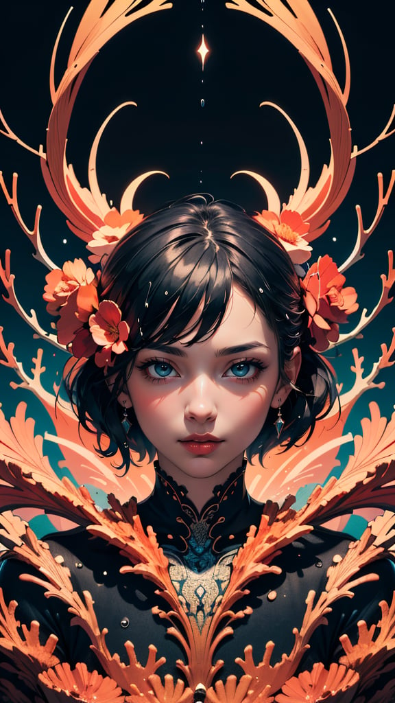 (masterpiece:1.0), (highest quality:1.12), a girl, illustration, cover art, (black:1.2), portrait , coral background, splash