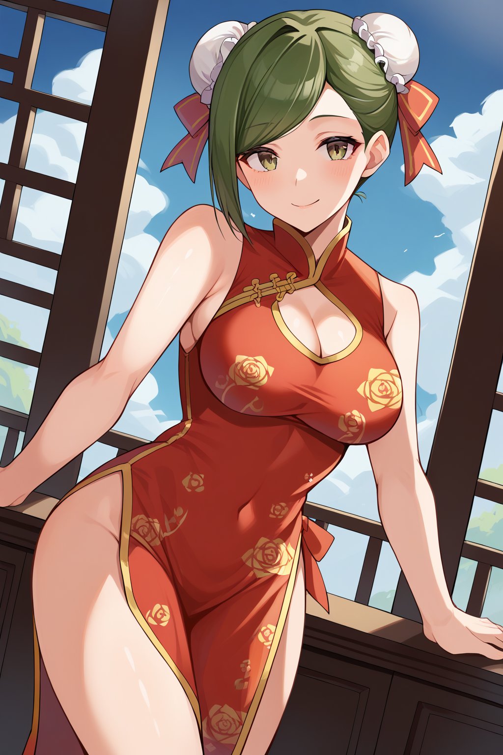 score_9, score_8_up, score_7_up, source_anime, hazukinanakusa, green hair, short hair, hair bun, double bun, bun cover, swept bangs, green eyes, large breasts, chinese clothes, china dress, red dress, sleeveless, sleeveless dress, print dress, floral print, cleavage cutout, side slit, looking at viewer, smile, cowboy shot, <lora:nanakusa_hazuki_XL:0.9>