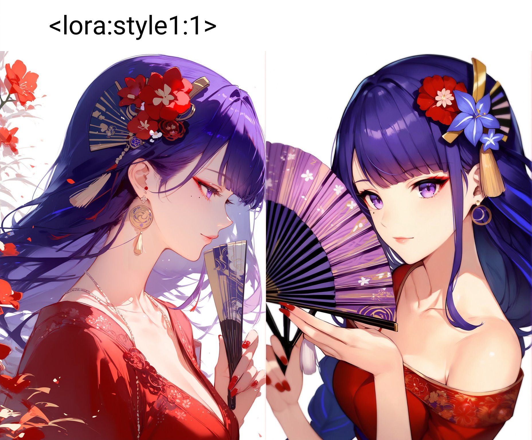 score_9, score_8_up, score_7_up, score_6_up, score_5_up, score_4_up, <lora:style1:1>, style1, anime girl with purple hair and blue eyes holding a fan in one hand and a flower in the other, 1girl, solo, long hair, simple background, hair ornament, white background, holding, closed mouth, jewelry, purple eyes, collarbone, purple hair, flower, earrings, hand up, blunt bangs, hair flower, nail polish, mole, from side, mole under eye, profile, makeup, red dress, portrait, red flower, tassel, red nails, hand fan, folding fan, holding fan, raiden shogun