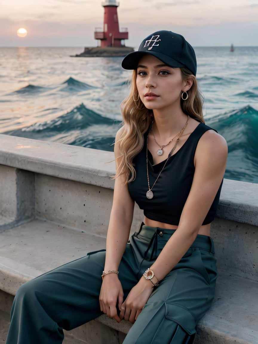 1girl, grey blonde hair(very long hair, curly_hair),long ponytail,hiphop dancer,wearing all black clothes (loose fit top and wide cargo pants),sneakers,accessories(necklace,ear_rings)baseball cap, sitting at sea bank,horizon,seaside,vivid sea color,red lighthouse,sunset,Best Quality, 32k, photorealistic, ultra-detailed, finely detailed, high resolution, perfect dynamic composition, beautiful detailed eyes, sharp-focus, cowboy_shot