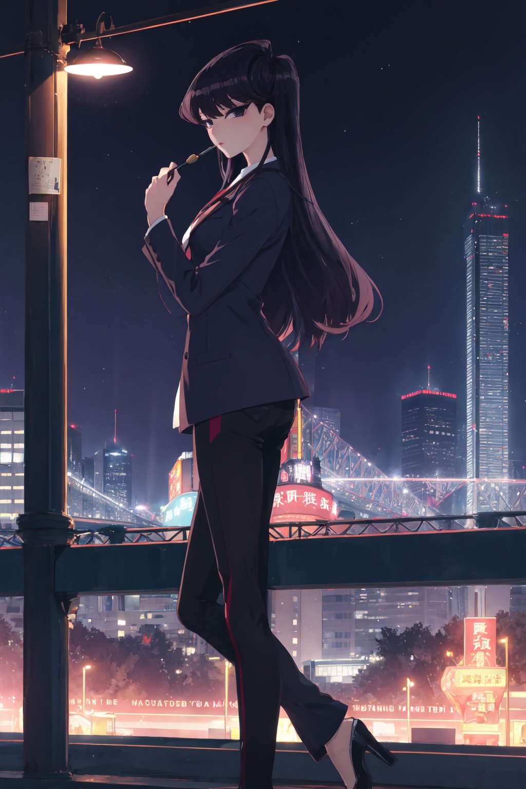 <lora:Shouko-000010:0.8>,Shouko CYQL,1girl,solo,looking at viewer,long hair,black hair,black eyes,(Structured_blazer:1.4),(Cigarette_pants:1.3),(Pointed-toe_pumps:1.2),(City_skyline_background:1.4),sad,profile,Ferris wheel, Amusement park, Rides, Entertainment, Joy,(Rose bushes, Golden sunlight, Evening glow, Rose petals, Garden sanctuary, English charm:0.5),beautiful detailed sky,beautiful detailed glow,posing in front of a colorful and dynamic background,masterpiece,best quality,beautiful and aesthetic,contrapposto,female focus,wallpaper,