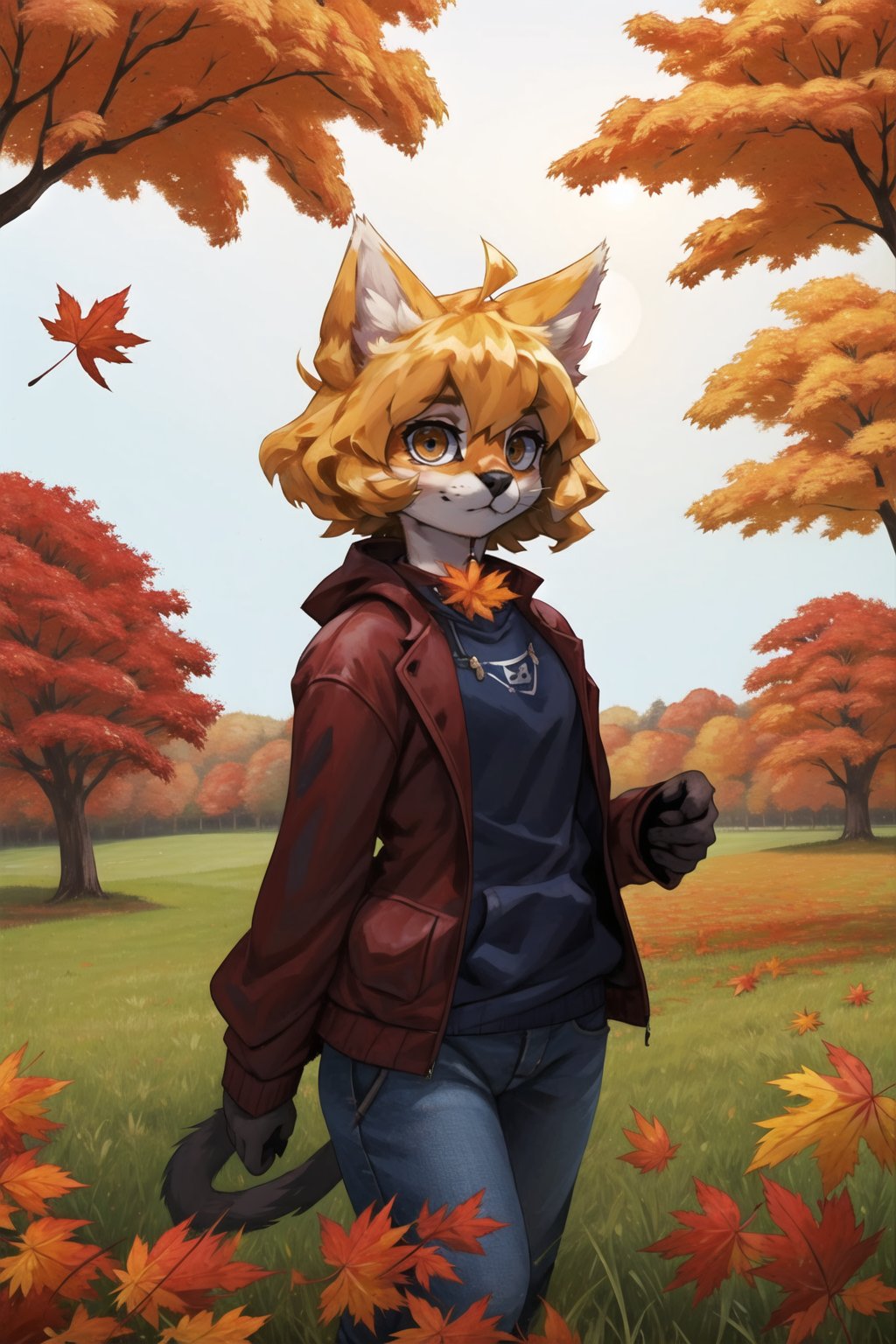 masterpiece, best quality, looking at viewer, soumao,servalcatfurry cat girl,blonde,farmer, farm,grass,wind,autumn leaves,  <lora:servalcat:0.6>