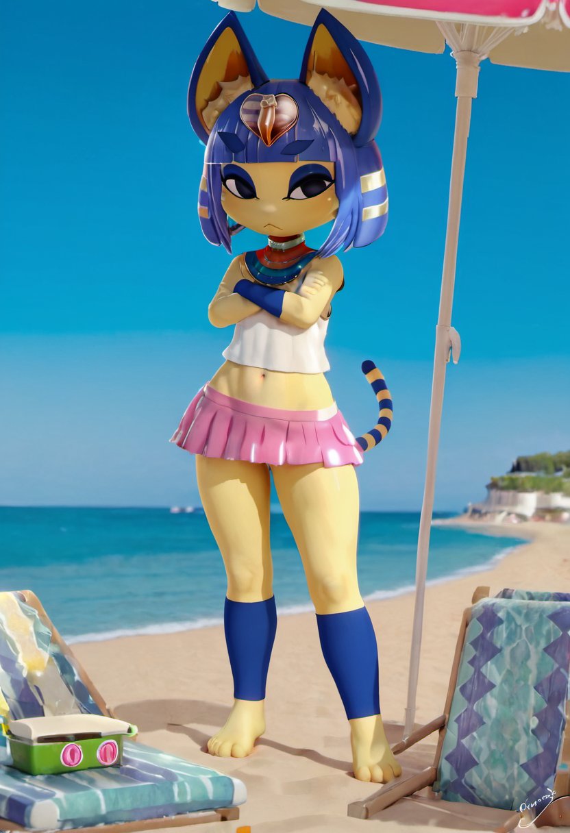 zPDXL, zPDXLxxx, score_9, score_8_up, score_7_up, score_6_up, score_5_up, score_4_up, BREAK <lora:Ankha_HD_Animal_Crossing_for_PonyXL:1>,ankha \(animal crossing\), 3d, 1girl, outdoors, beach, yellow fur, furry, two-tone fur, blue hair, furry female, animal ears, sand, tail, white shirt, pink skirt, sleeveless shirt, crossed arms, navel, anthro, felid, feline, seaside, body fur, short hair, beach umbrella, hair ornament, cat ears, animal feet, felis, umbrella, domestic cat, blue fur, completely nude, feet, snake hair ornament, ocean, day, barefoot, cat tail, cat girl, sky, blunt bangs, blue eyeshadow, egyptian, hair, blue sky, looking at viewer, toes, closed mouth, outside, animal nose, flat chest, white fur, fur, water, stomach, black eyes, bob cut