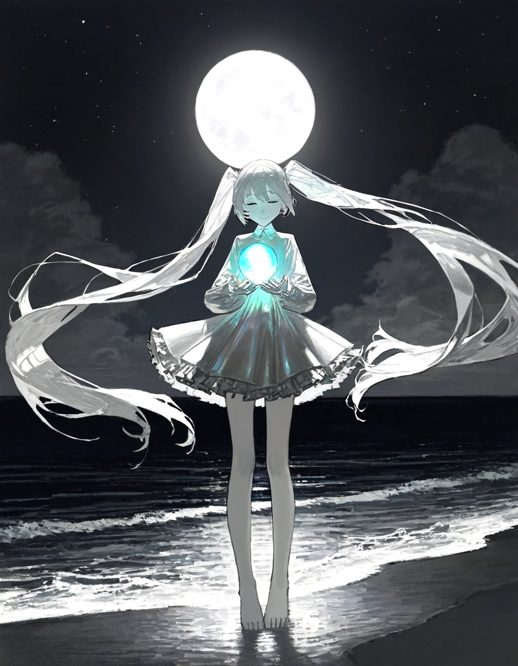 by (quasarcake:1.2), (by jun_\(navigavi\):0.8), (by reoen:1.1), by rsef, by neg_\(101neg\), hatsune miku, (holding iridescent orb:1.3), holding orb, orb, glowing orb, holding iridescent, 1girl, solo, long hair, long sleeves, dress, holding, closed mouth, very long hair, twintails, standing, full body, closed eyes, monochrome, outdoors, greyscale, frills, sky, barefoot, water, bare legs, floating hair, night, glowing, ocean, beach, short dress, frilled dress, moon, star \(sky\), night sky, full moon, sand, waves, shore, darkness, 