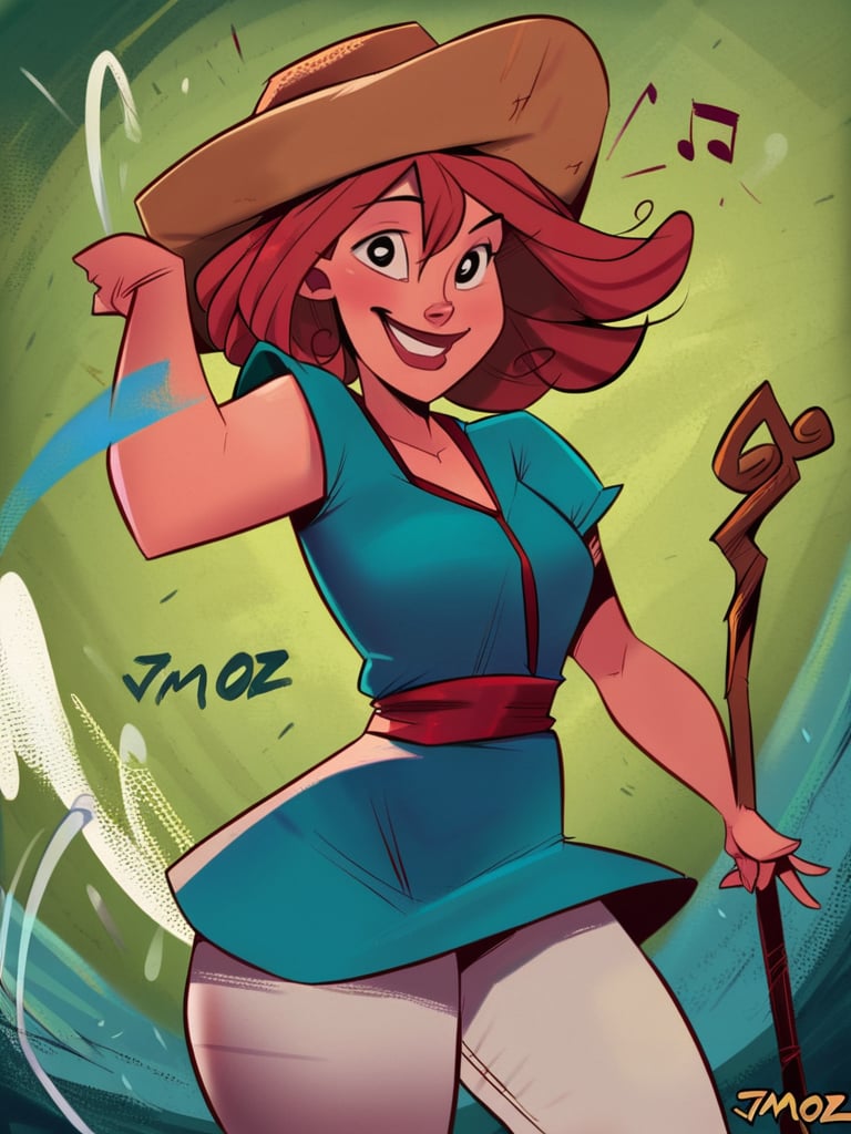 score_9, score_8_up, score_7_up, cute girl, musical note, tunic, magical staff, red hair, big hat, epic pose, light smile, bright pupils, particles around, splash art, pants, looking at viewer, cowboy shot, dynamic pose, smile, cute, wide shot, solo, dutch angle, detailed background,<lora:JMoxComix_style:1> JmoxComic, cartoon