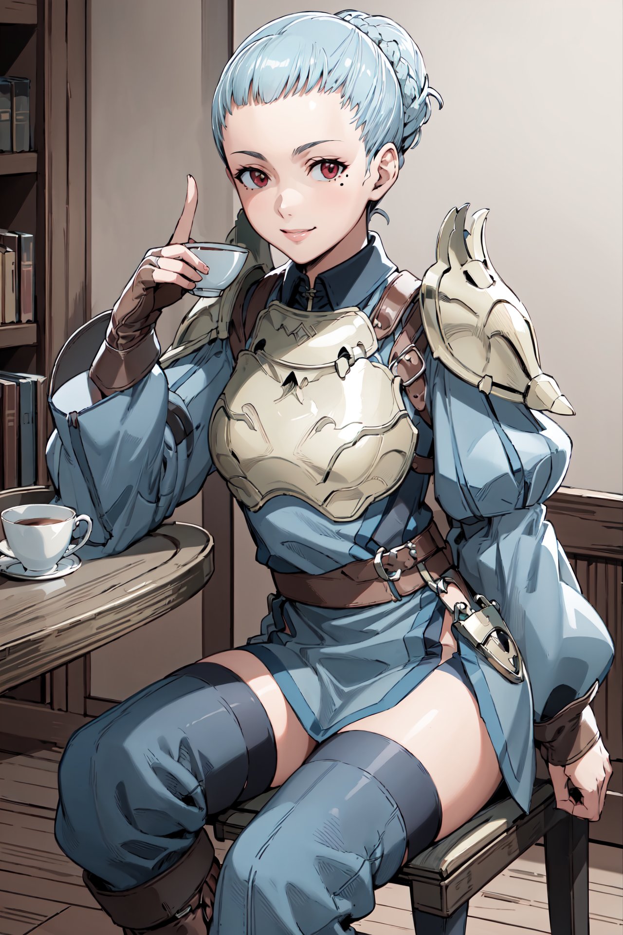 tea cup,drinking,table sitting the chair, <lora:philaV2:0.9>,phila,light smile,blunt bangs,,forehead,armor, shoulder armor,  looking at viewer, breastplate, brown footwear, puffy long sleeves, , pelvic curtain, knee boots, brown gloves, pauldrons,fingerless gloves, blue short dress, blue pants, juliet sleeves,  thighs, brown belt,zettai ryouiki, blue thighhighs,mole under eye, indoors,(masterpiece, best quality, ultra-detailed, best shadow)