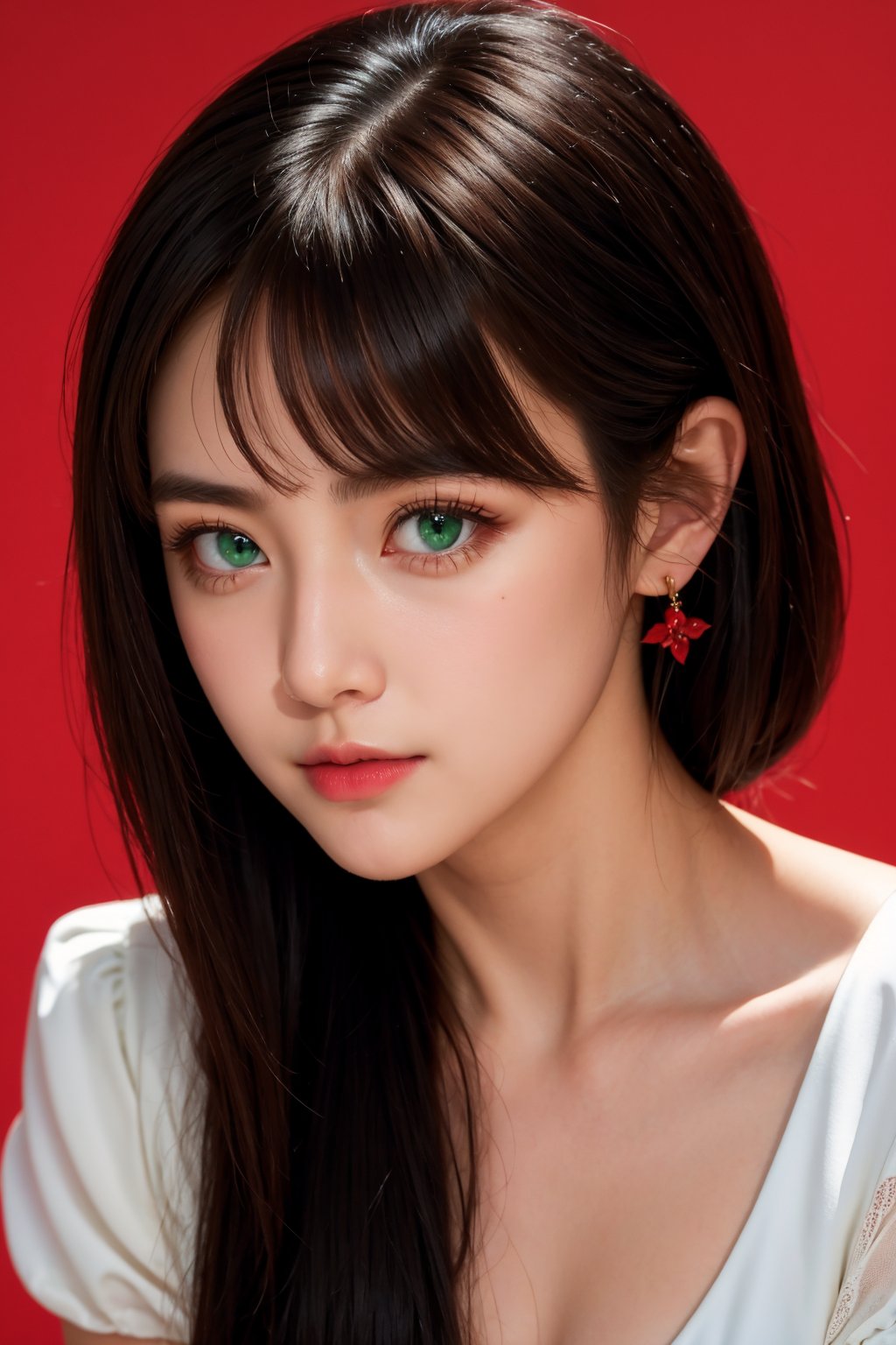 <lora:AgainEyes:0.5>,1girl,black hair,portrait,(white dress:1.2),green eyes,shining eyes,(red simple background:1.3),