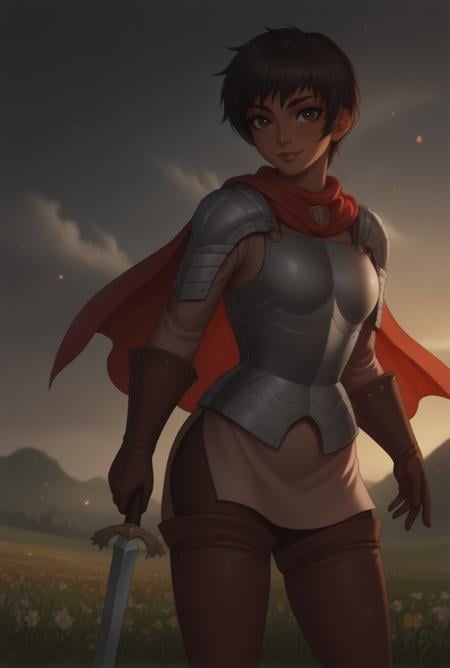 score_9, score_8_up, score_7_up, source_anime BREAK, solo, looking at viewer, cowboy shot, medieval, grass, flower field, cloudy sky, official wallpaper, light particles, fog, cinematic lightning,<lora:CascaPdxlDwnsty:1> Casca_Def, brown hair, short hair, thigh boots, gloves, boots, cape, thighhighs, dark-skinned female, breastplate, skirt, lips, red scarf, brown footwear, shoulder armor, Csword,large breasts, smile,