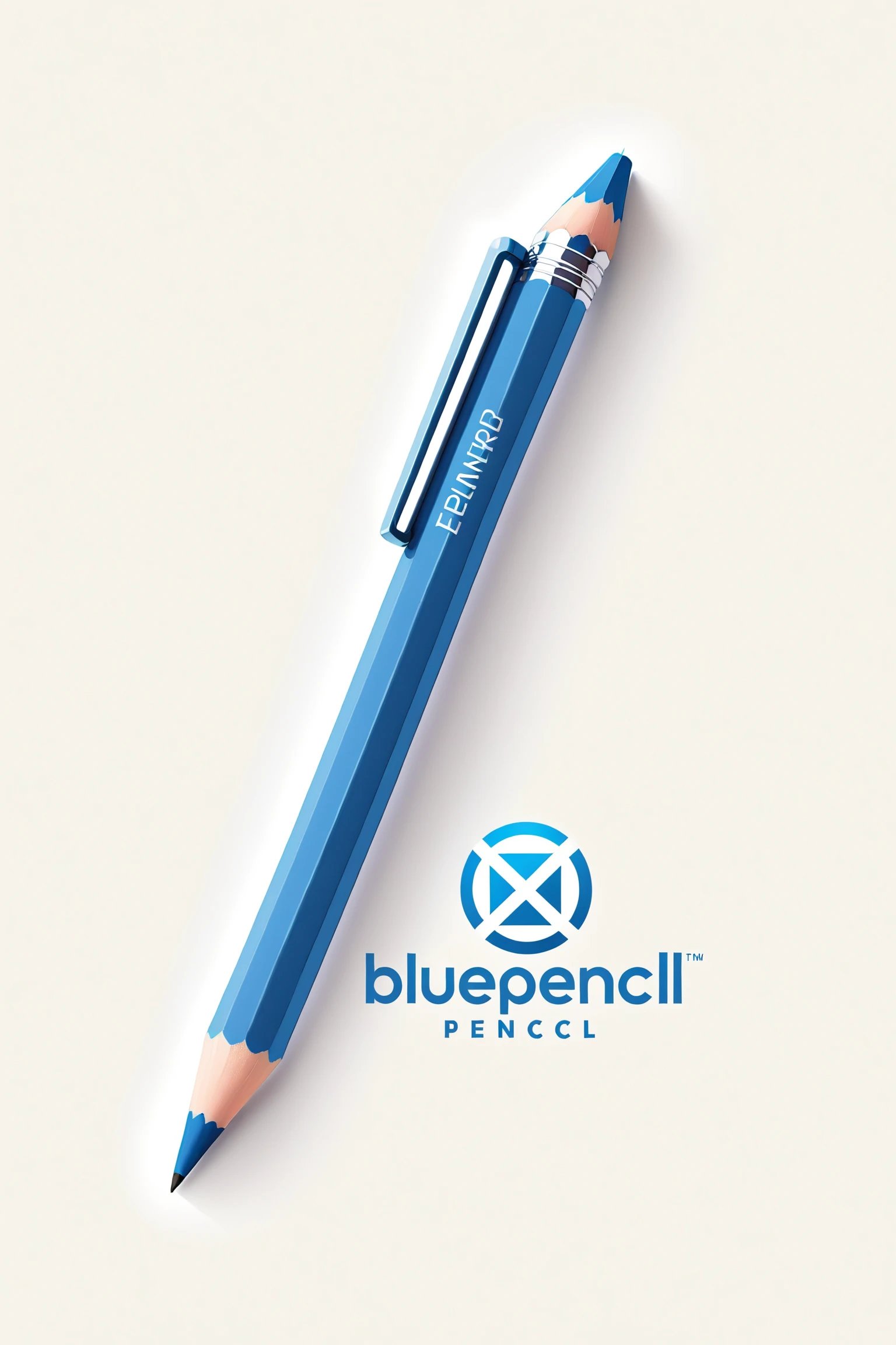 company logo, "blue_pencil" logo has a bright blue color with a sleek pencil at its center