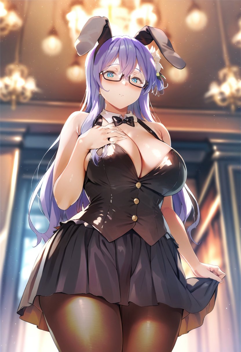 masterpiece, best quality,<lora:kitirokuXL_ANI31_lokr_V4236:0.95> 1girl, breasts, solo, rabbit ears, animal ears, pantyhose, cleavage, long hair, large breasts, glasses, blue eyes, hair ornament, hand on own chest, bare shoulders, purple hair, looking at viewer, semi-rimless eyewear, dress, bow, fake animal ears, blurry, skirt, hair flower, indoors, blush, bowtie, cowboy shot, blurry background, detached collar, flower, hair between eyes, under-rim eyewear, sleeveless, chandelier, black pantyhose, closed mouth, black dress, black skirt, from below, bare arms, symbol-shaped pupils, black bow, standing, sidelocks, buttons, black bowtie, skirt hold