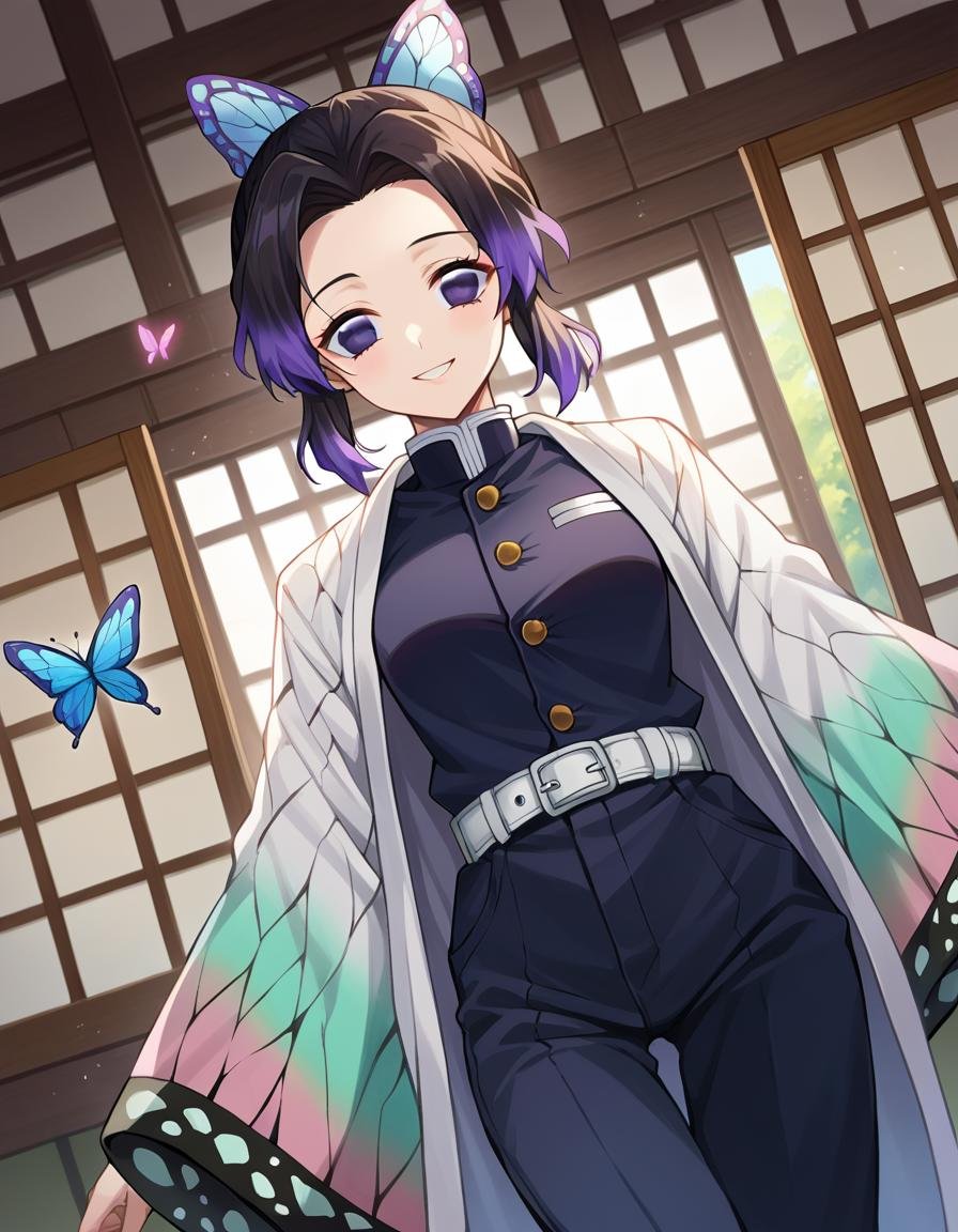 score_9, score_8_up, score_7_up, source_anime,shinobukochou, <lora:shinobu-kochou-ponyxl-lora-nochekaiser:1>,shinobu kochou, animal print, black hair, butterfly, butterfly hair ornament, butterfly print, forehead, gradient hair, hair ornament, haori, multicolored hair, parted bangs, purple hair, short hair, two-tone hair,belt, black pants, butterfly print, coat, demon slayer uniform, haori, japanese clothes, pants, uniform,indoors, smile,looking at viewer, dutch angle, cowboy shot,