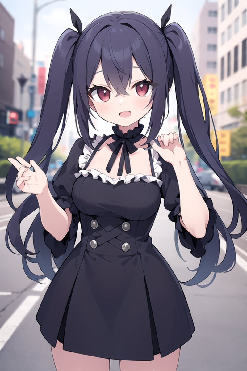 insanely detailed, absurdres, ultra-highres, ultra-detailed, best quality,1girl, solo, nice hands, perfect handsBREAKgothic theme, black gothic dress, white frill, hair dressBREAK(nsfw:-1.5)BREAKsmile, open mouthBREAK(45 angle:-1.5), (from side:-1.5),standing, cowboy shot, looking at viewerBREAKslender, kawaii, perfect symmetrical face, ultra cute girl, ultra cute face, ultra detailed eyes, ultra detailed hair, ultra cute, ultra beautifulBREAKin japanese street, cityscape in japan, depth of field, ultra detailed backgroundBREAKmedium breastsBREAKblack hair, red eyes, shag, hair between eyes, twintails