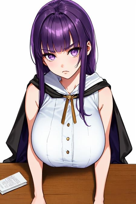 1girl, arm on table, bare shoulders, black cloak, blunt bangs, breasts, cloak, dress, frown, hanging breasts, large breasts, long hair, looking at viewer, purple eyes, purple hair, sidelocks, white background, sleeveless, sleeveless dress, solo, straight hair, table, white dress<lora:USA18:.8>