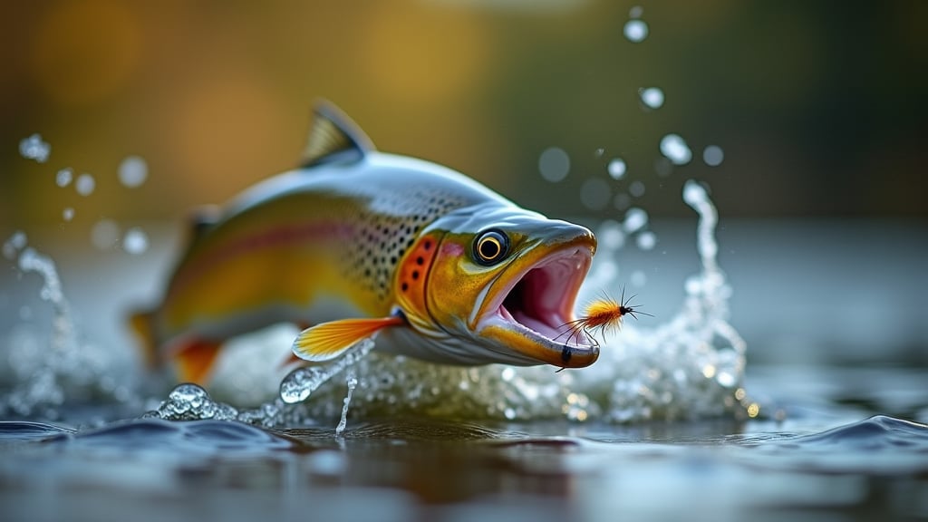 the moment captured of a fly landing on a lake as the epic trout breaches the water to eat the fly, macro photography, shallow depth of field, dslr, vivid colours, blurred background, full focus on the trout fish mouth open, misty, UHD