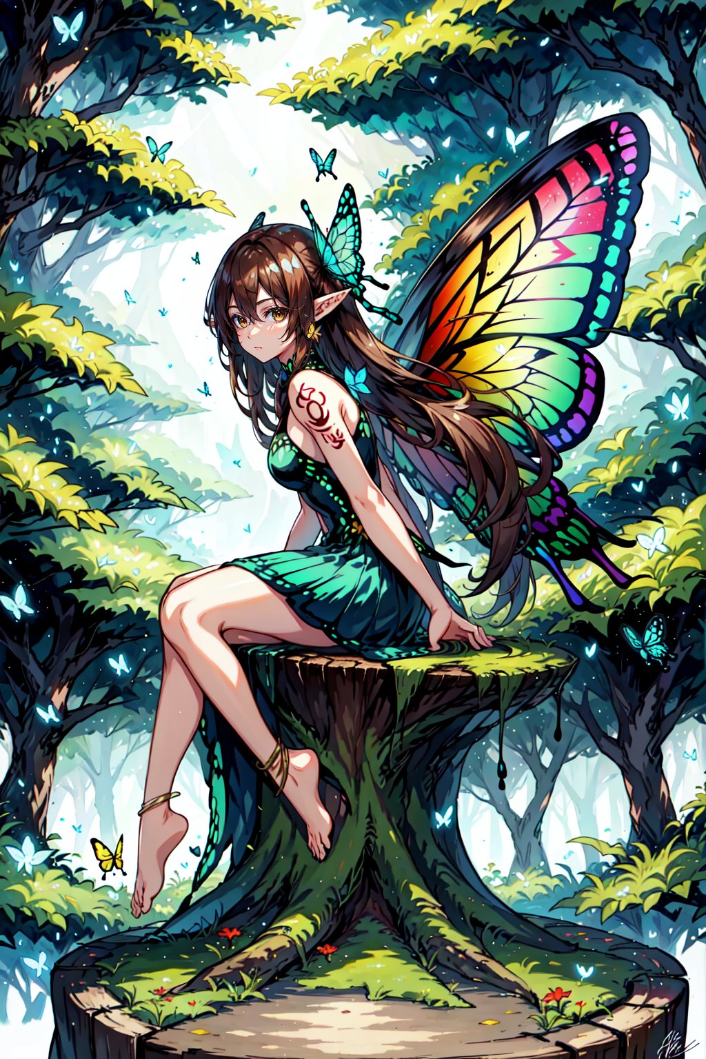 FeoDusk, 1girl, solo, long hair, brown hair, sitting, wings, barefoot, pointy ears, signature, tree, tattoo, traditional media, fairy, butterfly wings, tree stump, <lora:FaeConceptV2:0.6>