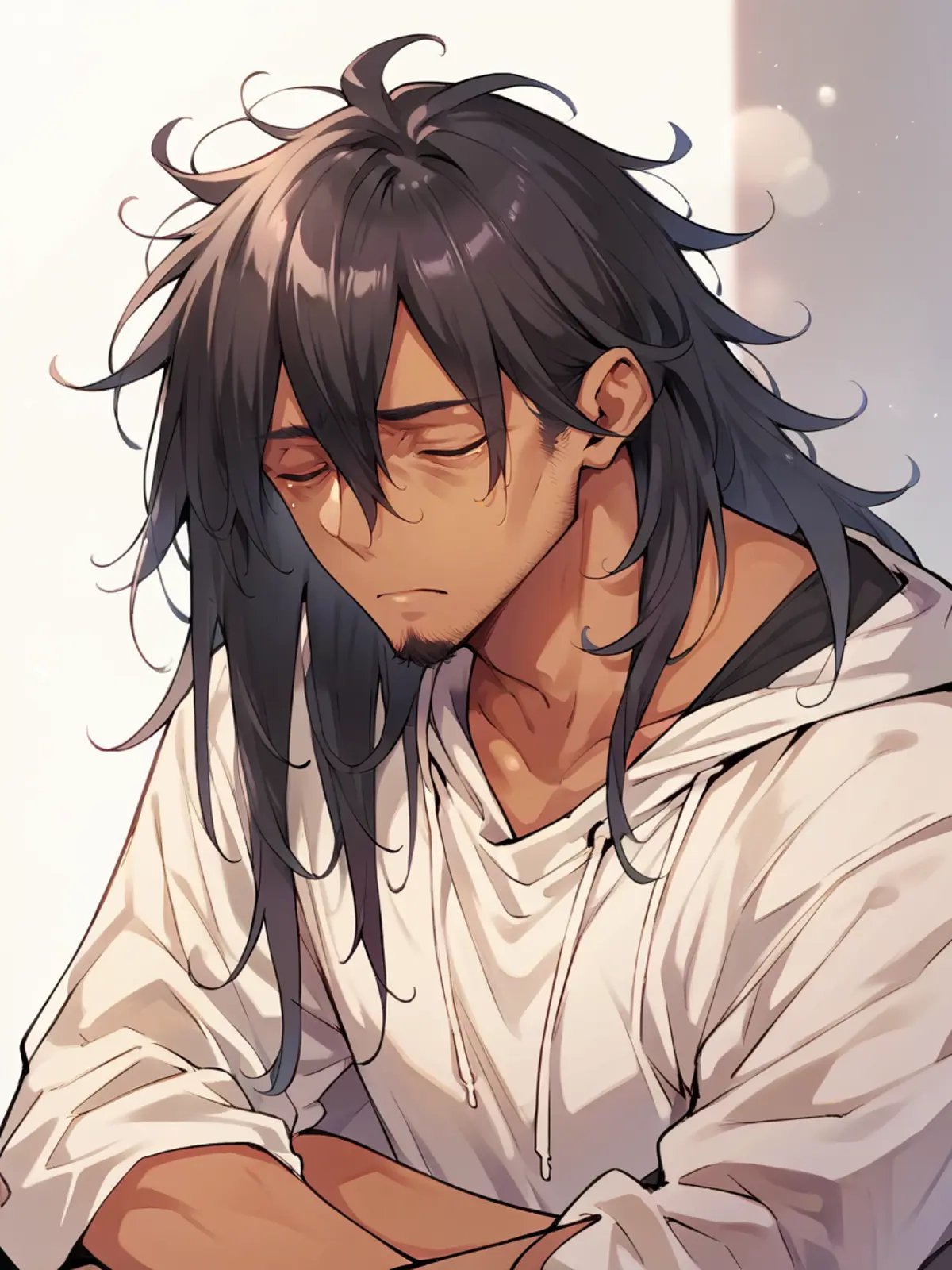 score_9, score_8_up, score_7_up, score_6_up, <lora:n4n40XLP:1> n4n40, 1boy, long hair, black hair, messy hair, solo, tan skin, tired, beard