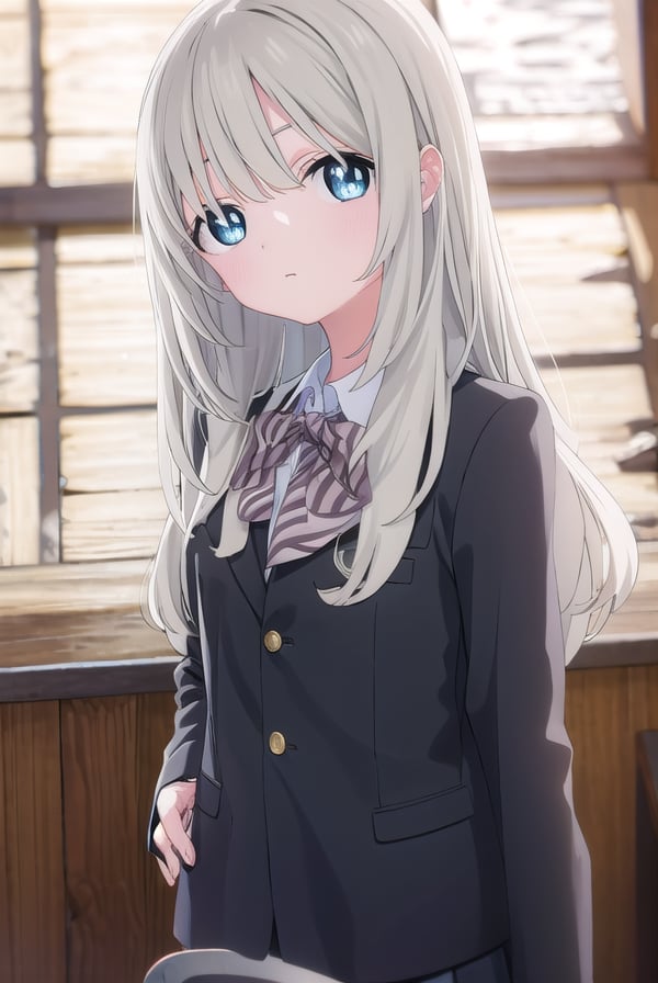 hotaruhiraiwa, <lora:hotaru hiraiwa s1-lora-nochekaiser:1>,hotaru hiraiwa, long hair, bangs, blue eyes, grey hair,BREAK skirt, long sleeves, school uniform, jacket, socks, black skirt, two side up, black jacket, kneehighs, blazer, black socks, bow, bowtie, stripped, stripped bowtie,BREAK indoors, classroom,BREAK looking at viewer, (cowboy shot:1.5),BREAK <lyco:GoodHands-beta2:1>, (masterpiece:1.2), best quality, high resolution, unity 8k wallpaper, (illustration:0.8), (beautiful detailed eyes:1.6), extremely detailed face, perfect lighting, extremely detailed CG, (perfect hands, perfect anatomy),