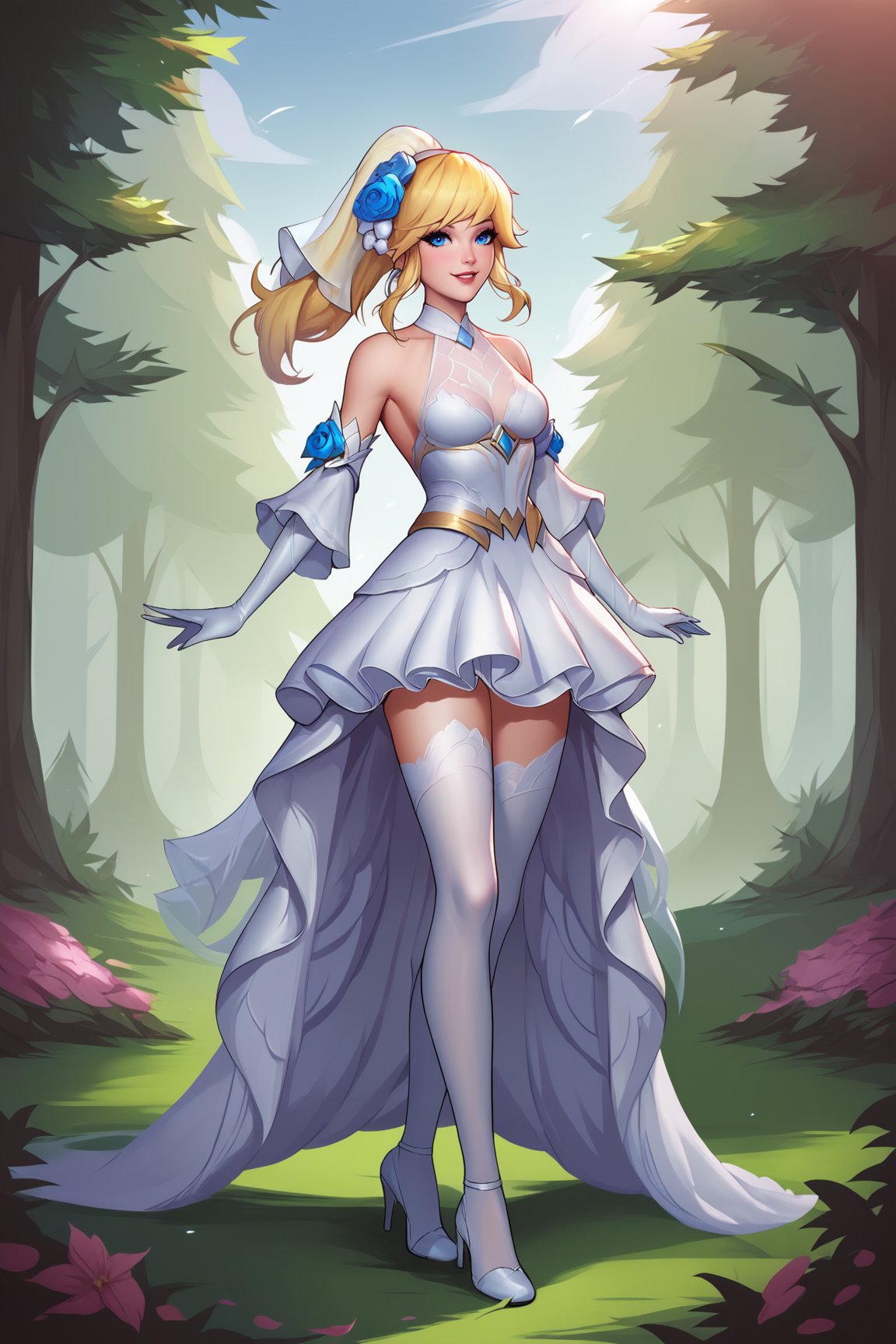 score_9, score_8_up, score_7_up, score_6_up, score_5_up, score_4_up, LuxCRLOLXL, blue eyes, blonde hair, ponytail, sidelocks, bangs, hair ornament, hair flower, veil, medium breasts, dress flower, bare shoulders, white dress, white elbow gloves, white thighhighs, white high heels, solo, front view, standing, seductive smile, looking at viewer, forest, tree <lora:LuxCRLOLXL:0.9>