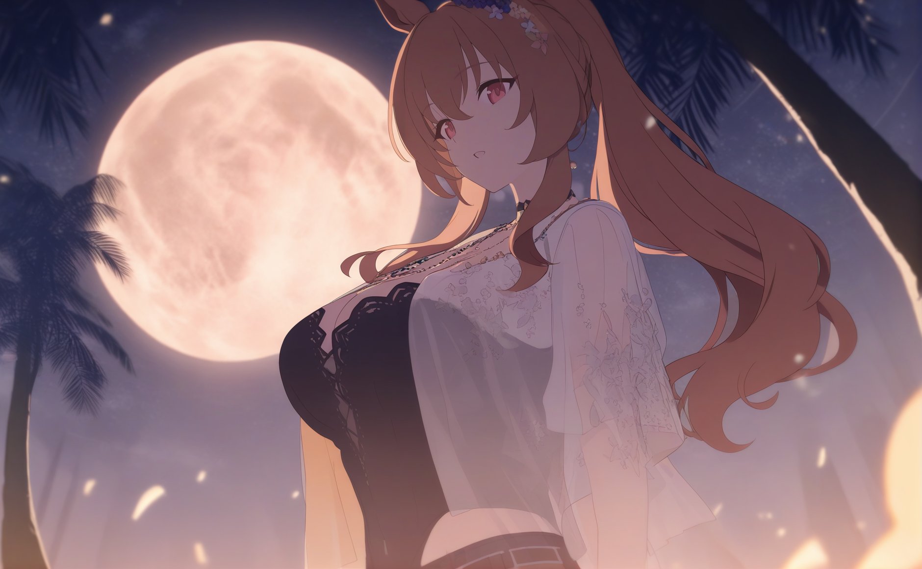 1girl solo 1girl, maruzensky \(blasting off summer night\) \(umamusume\), umamusume bodysuit under clothes midnightblue observatory full moon forest-highres absurdres best-quality safe masterpiece