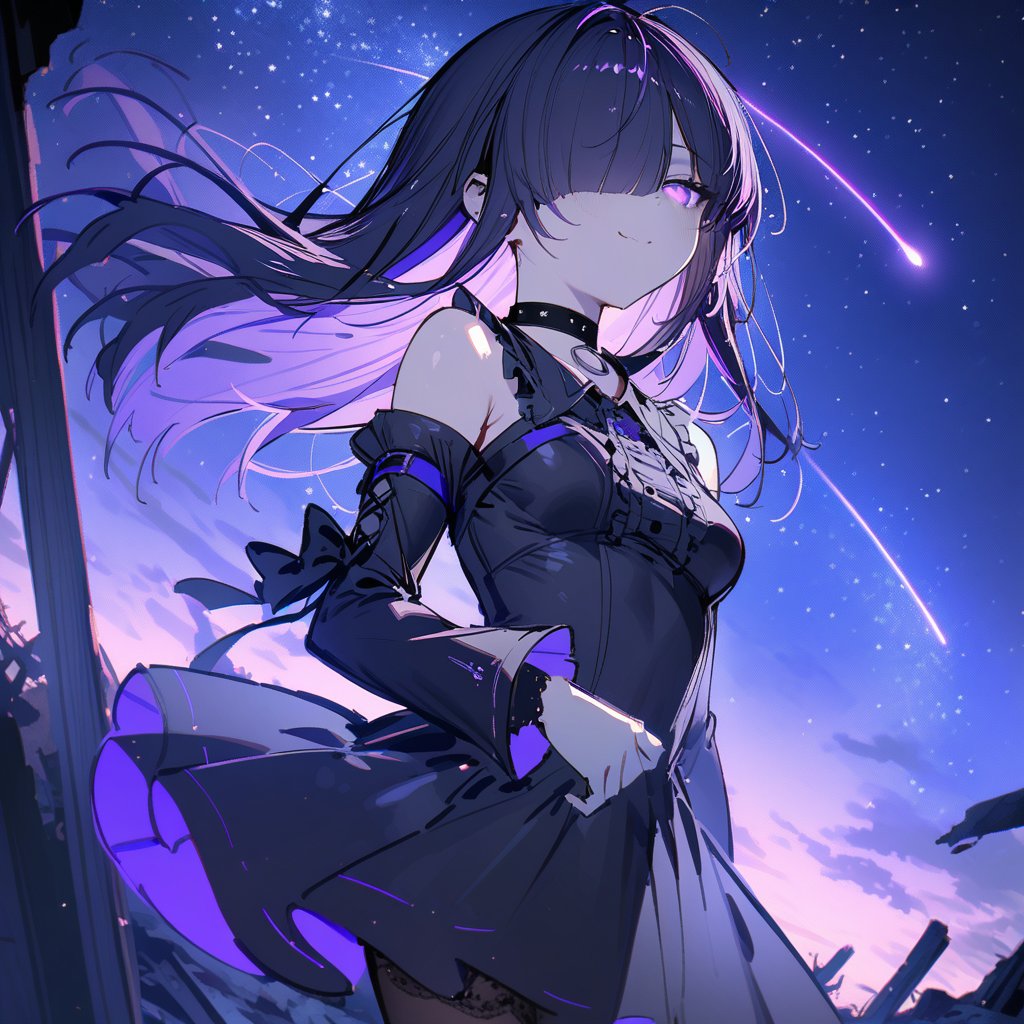 Noyu,sketch,starry sky,shooting star,ruins,water,1girl,(solo),Long hair,black hair,purple gradient hair,purple eyes,blunt bangs,hair over one eye,glowing eyes,small breasts,gothic,lace_trim,long sleeves,frilled shirt,skirt,choker,detached_sleeve,black pantyhose,(half-closed eyes),smug,close-up,upper body,looking back,masterpiece,bestquality,onnk,line art,line style,