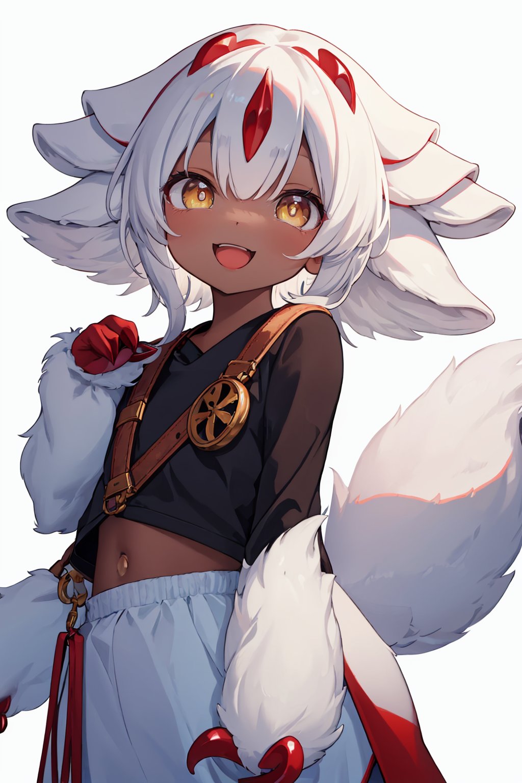 masterpiece,best quality, highly detailed, 1other,faputa,furry,whiskers,claws,open mouth,simple background,horizontal pupils,looking at viewer,smile,tail,white background,1girl,:3,dark skin,<lora:faputa:1>