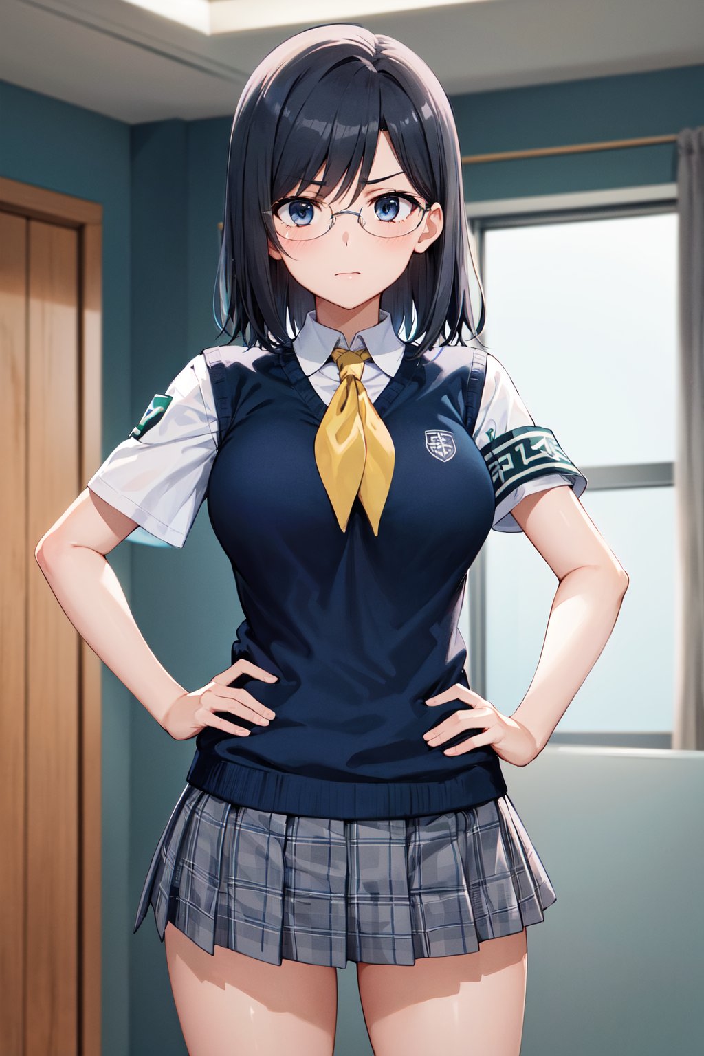 masterpiece, best quality, highres, aamii, short hair, black hair, blue eyes, glasses, school uniform, yellow neckerchief, collared shirt, sweater vest, (blue vest:1.2), short sleeves, armband, plaid skirt, grey skirt, <lora:konori_mii_v1:0.7>, indoors, serious, hand on hip, standing