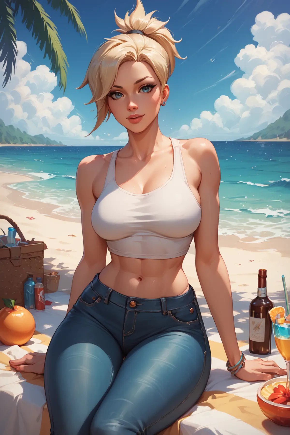 score_9, score_8_up, score_7_up, masterpiece, high quality <lora:MrcyPonyLora:1> mrcy, short hair, high ponytail, tank top. jeans, on the beach