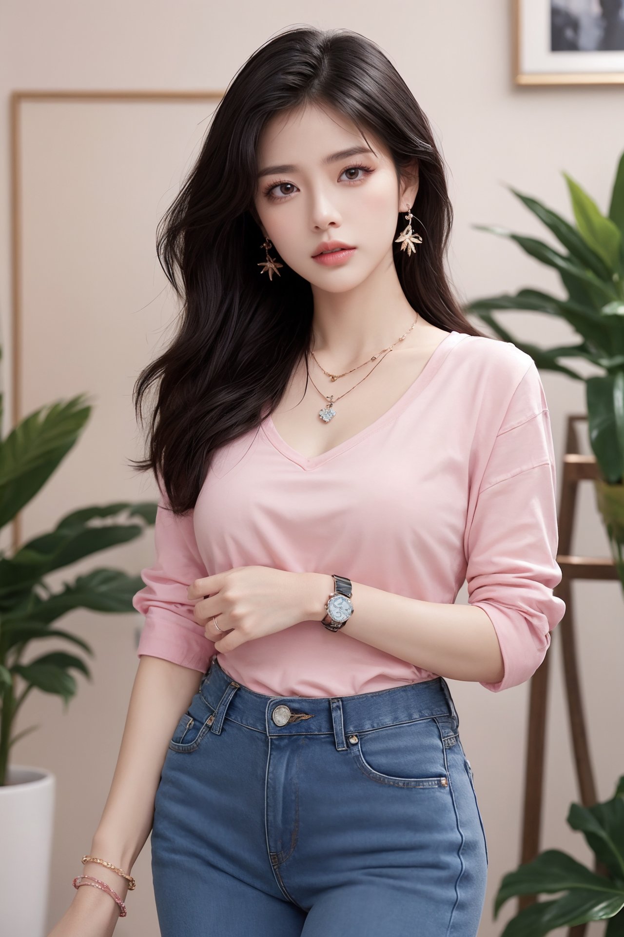 1girl, 3d, black hair, blurry, blurry background, blurry foreground, bracelet, brown eyes, denim, depth of field, indoors, jeans, jewelry, lips, looking at viewer, necklace, office, pants, photo \(medium\), photorealistic, pink shirt, plant, potted plant, realistic, shirt, solo, standing, watch, wristwatch  <lora:美女:0.66>