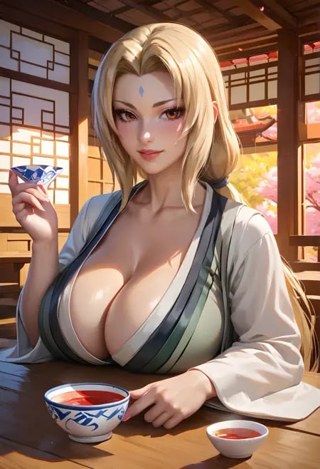 score_9, score_8_up, score_7_up,ultra realistic, masterpiece, high detailed skin,vibrant, highly detailed, award-winning, professional,beautiful aesthetic, very intricate, high quality details.1girl, tsunade \(naruto\), fully clothed, cleavage, breasts on table,sitting, drinking sake, choko \(cup\),drunk, happy,indoors,  japanese table, east asian architecture,upper body, detailed background