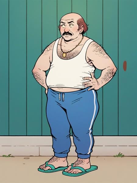 score_9, score_8_up, score_7_up, score_6_up,   <lora:athfXLP:1> (athf,:1), flat color, 1boy, fat, tank top, sandals, solo, mustache, blue pants