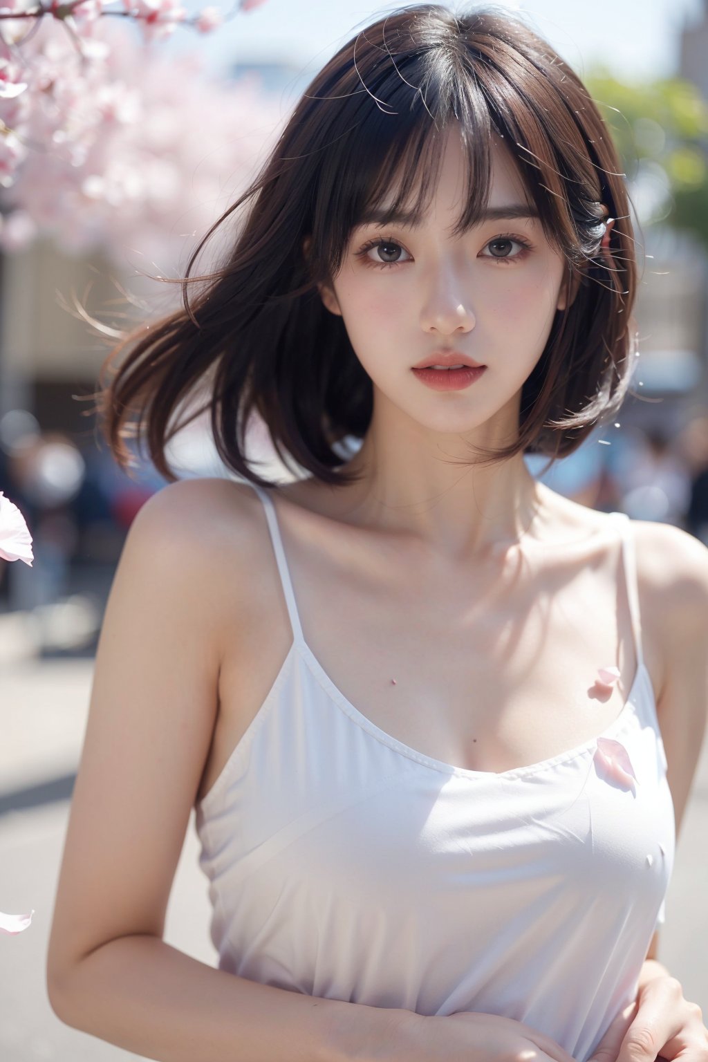 1girl,solo,long hair,realistic,lips,parted lips,upper body,blurry background,floating petals,jitome,cute,short hair