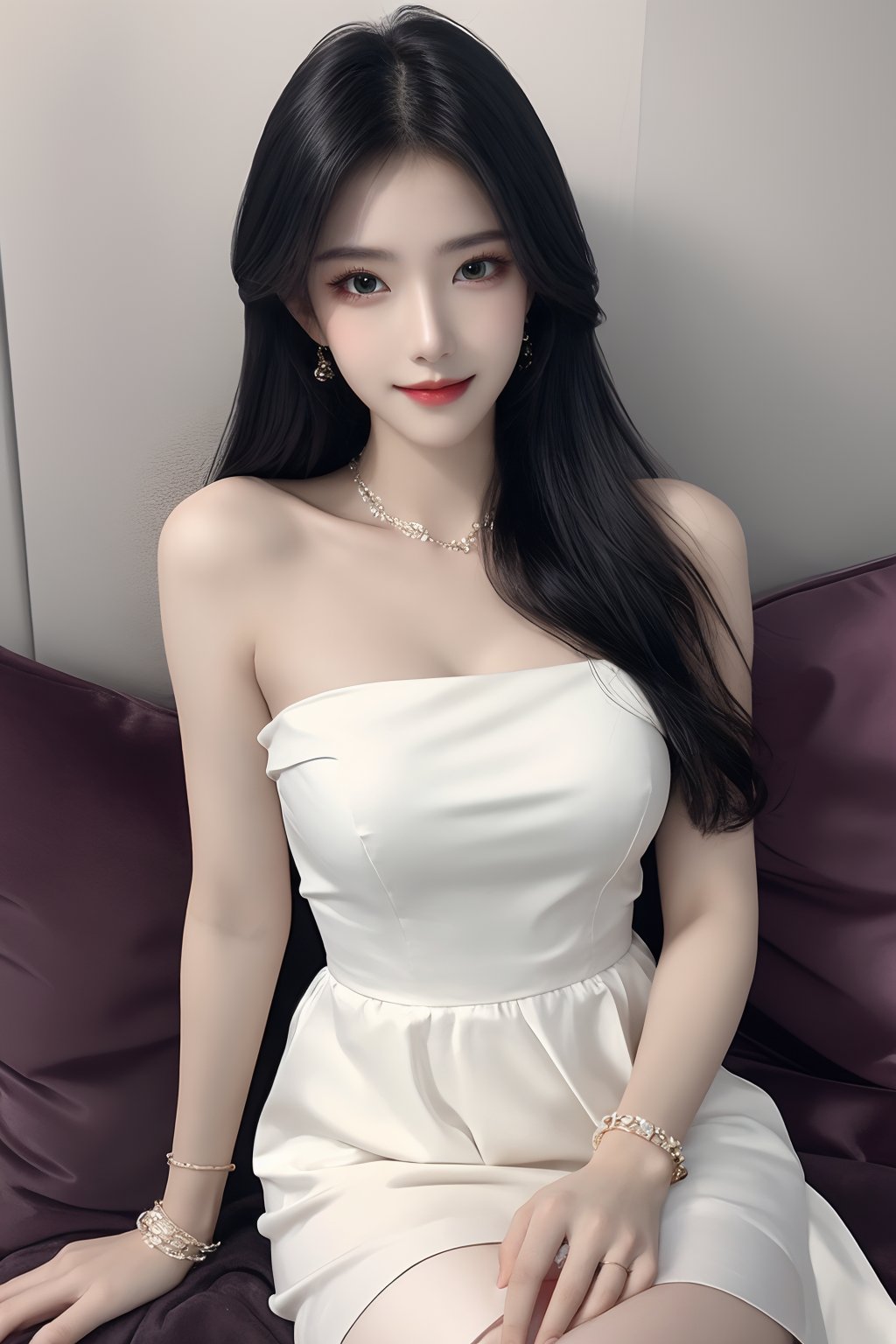 1girl, black hair, bracelet, dress, green eyes, lips, long hair, looking at viewer, pillow, realistic, sitting, smile, solo, watch, white dress, wristband, wristwatch  <lora:1.0:0.8>