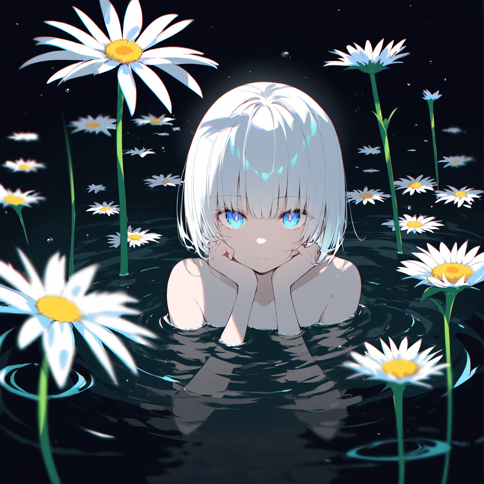 best quality,(chromatic aberration),(beautiful young female:1.4),(streaming tears),sad,(daisy),(daisy),(daisy),looking at viewer,partially submerged,both hands on own cheek,{see-through long shirt},{no bra},(white hair, short hair, bangs:1.2),(glowing eyes),ripples,dark water,black background,(prismatic),