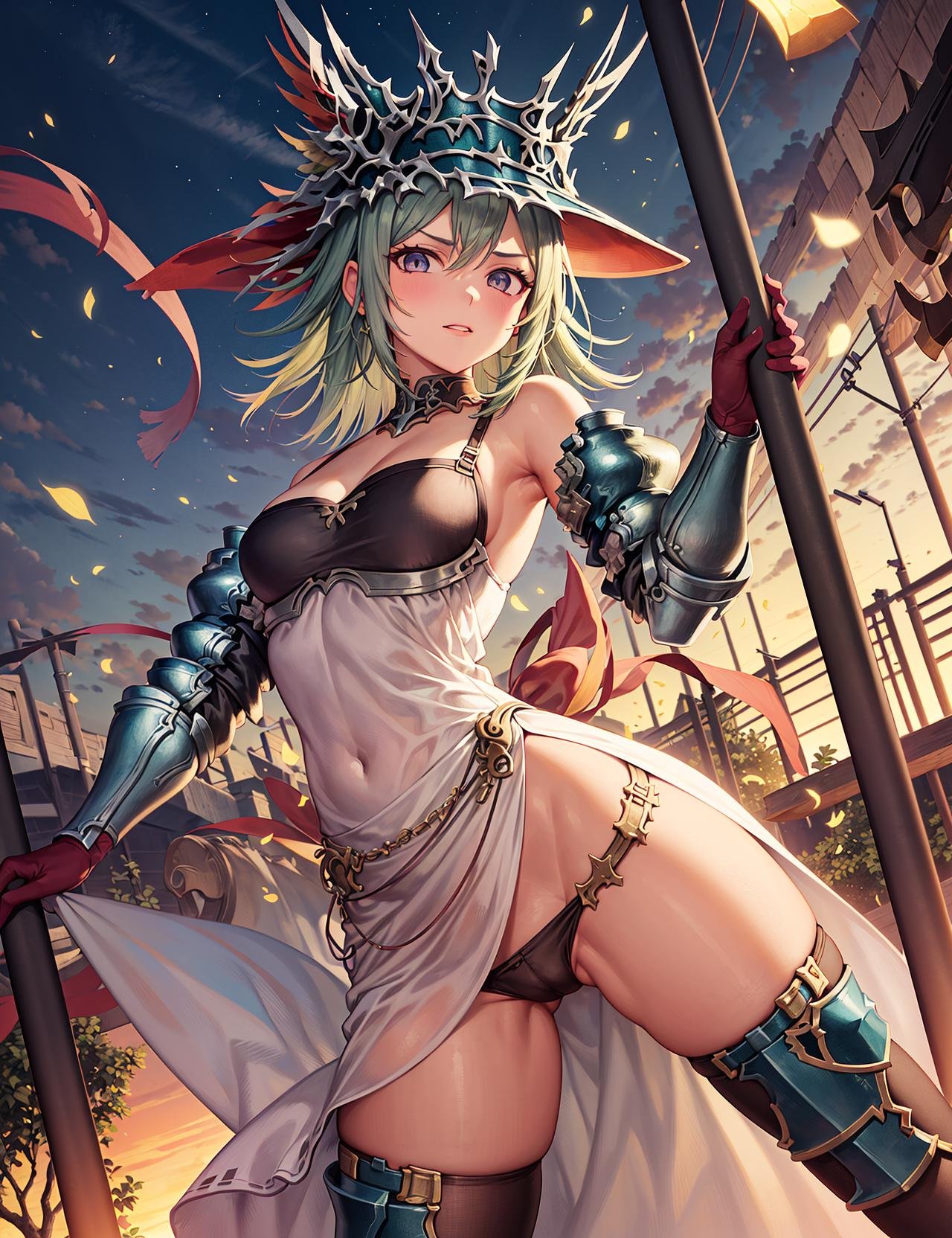 ( A portrait of a girl pole dancing using a polearm planted in the ground as a pole:1.4), (pole, pole dancing, planted, stripper pole, :1.3), (the pole is actually a polearm with its blade planted in the ground),  (best quality, highres, masterpiece:1.3), 1girl, armor, breasts,  thighhighs, fire, blue_eyes,  dress, helmet, gloves, solo, green_hair, gauntlets, large breasts, white_dress, bare_shoulders, medium_breasts,  <lora:MarsLocon:1>,  ((looking at viewer)), see-through, sheer, tight,  thighs, dancing, 