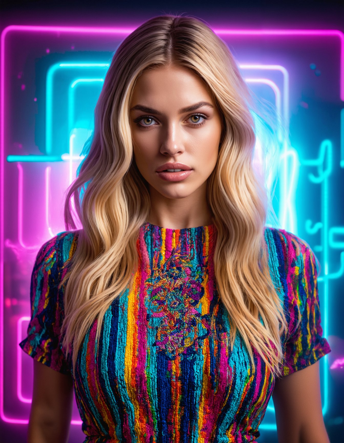 (best quality, 4K, 8K, high-resolution, masterpiece), ultra-detailed, realistic, photorealistic, portrait of a beautiful woman, long blonde hair with intricate patterns, tan skin, standing in front of colorful neon lights, psychedelic patterns, flowing hair, dress with detailed embroidery on the chest, light stripes, vibrant colors, intricate details, expressive eyes, high detail, high resolution, dynamic composition, modern style, ethereal atmosphere, soft lighting.